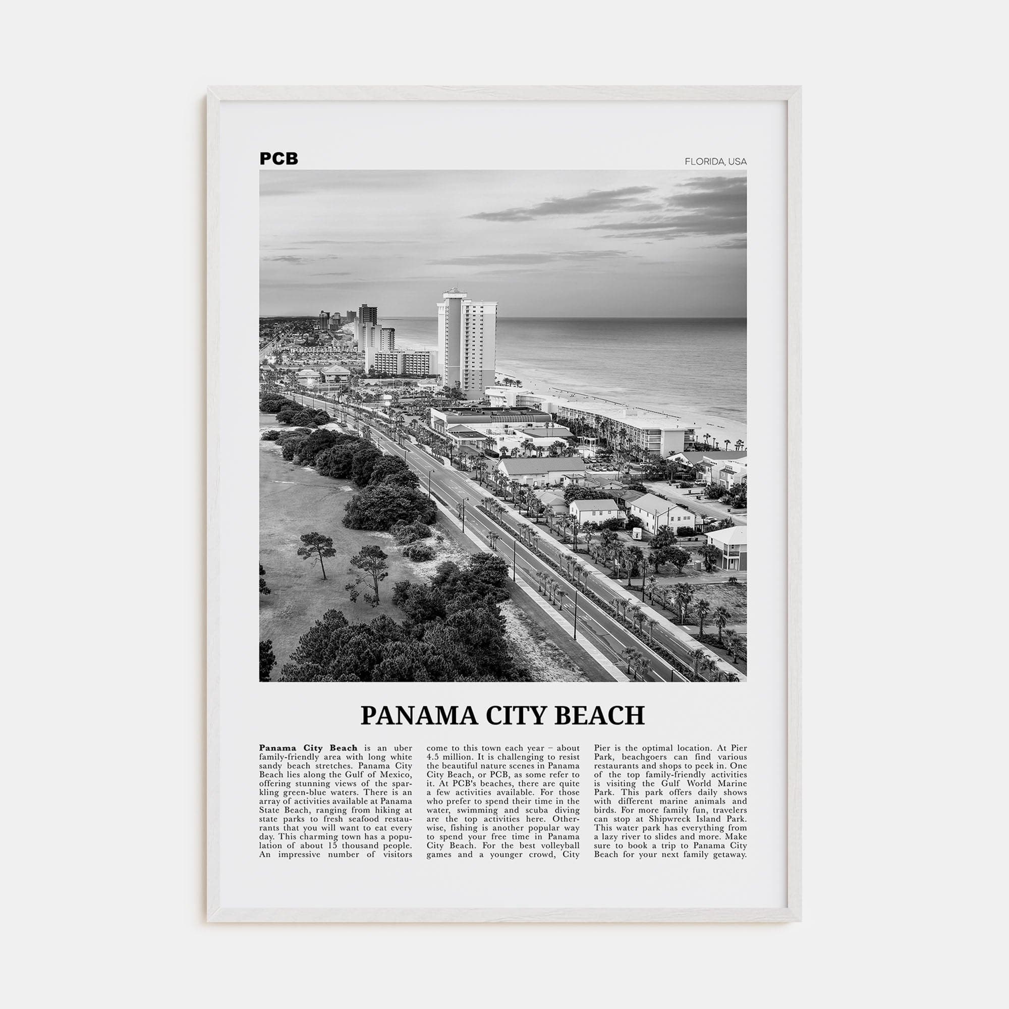 Panama City Beach, Florida Poster White Wood / 8x12 in Nbourhood Travel B&W Poster