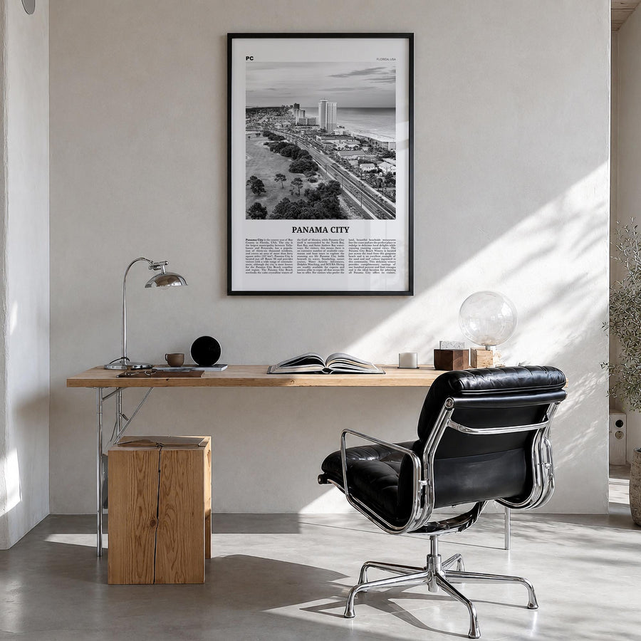 Panama City, Florida black & white newspaper poster of Florida, USA – vertical wall art in black wood frame, hanging on wall