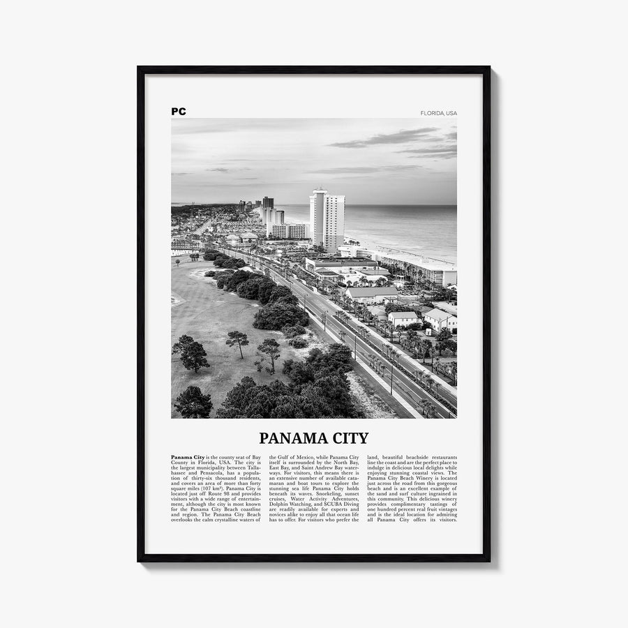 Panama City, Florida black & white newspaper poster of Florida, USA – vertical wall art, unframed print shown in interior moc