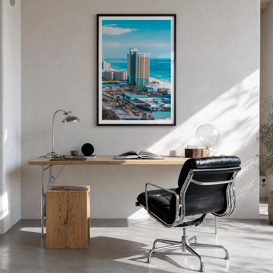 Panama City, Florida colorful photo poster of Florida, USA – vertical wall art in black wood frame with white border, hanging