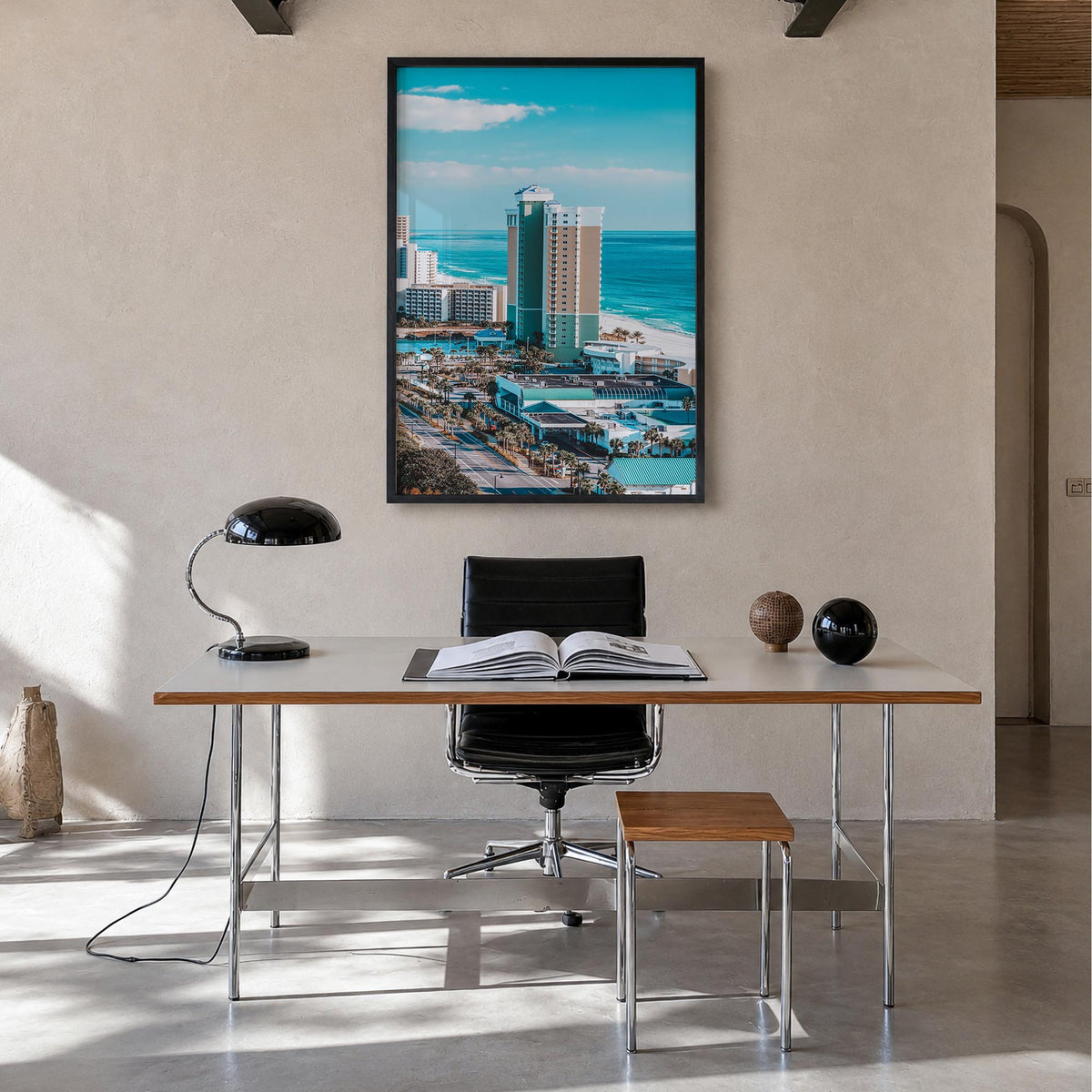 Panama City, Florida colorful photo poster of Florida, USA – vertical wall art in black wood frame, hanging on wall