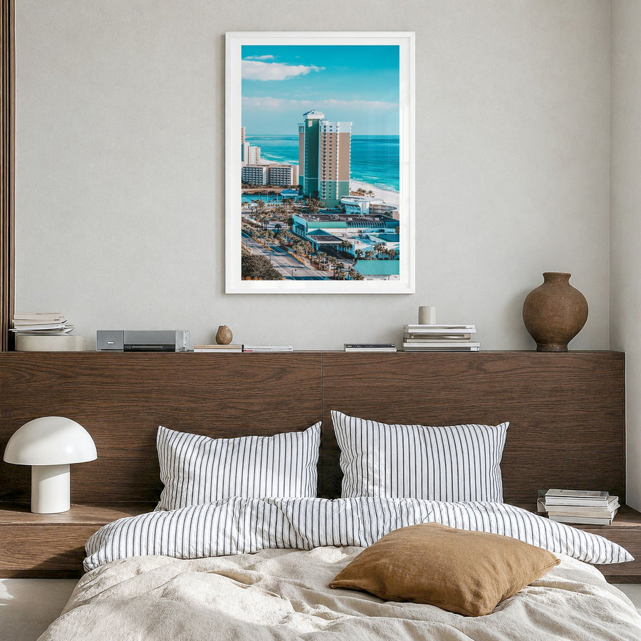 Panama City, Florida Photo Poster in a white wood frame, hanging in a bedroom, white border