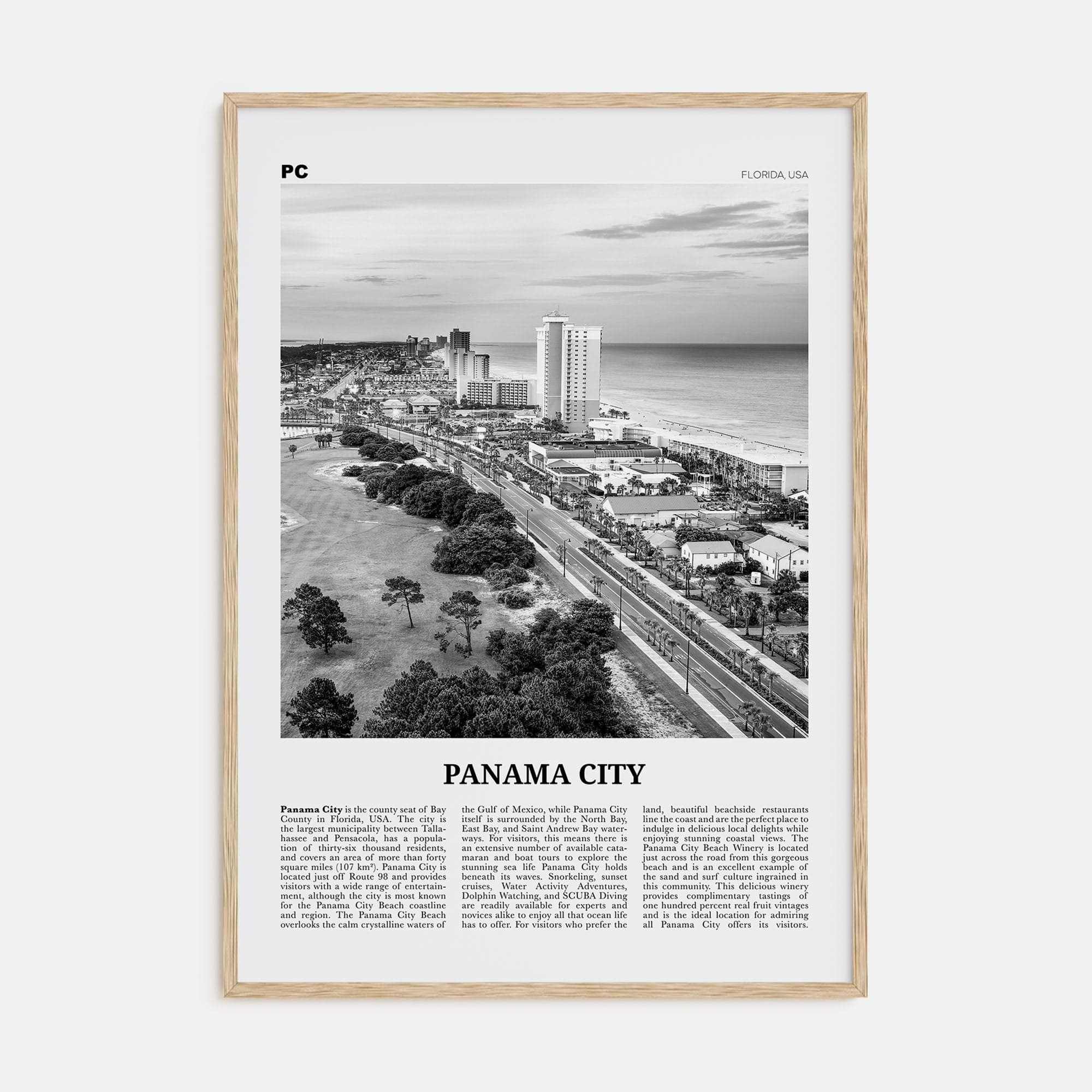 Panama City, Florida Poster Natural Wood / 8x12 in Nbourhood Travel B&W Poster