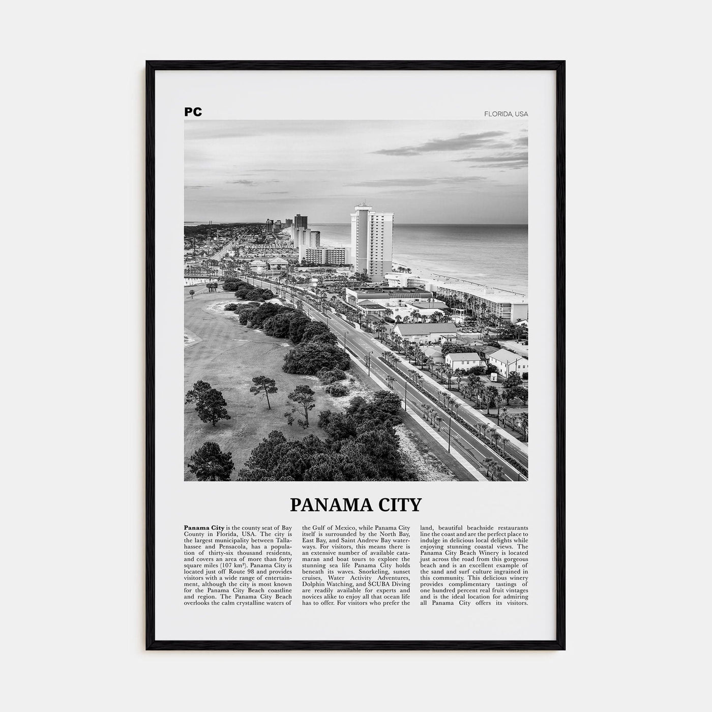 Panama City, Florida Poster Black Wood / 8x12 in Nbourhood Travel B&W Poster