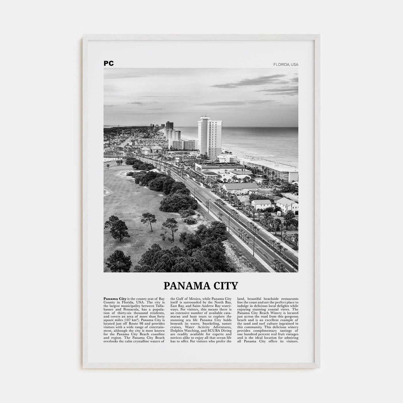 Panama City, Florida Poster White Wood / 8x12 in Nbourhood Travel B&W Poster