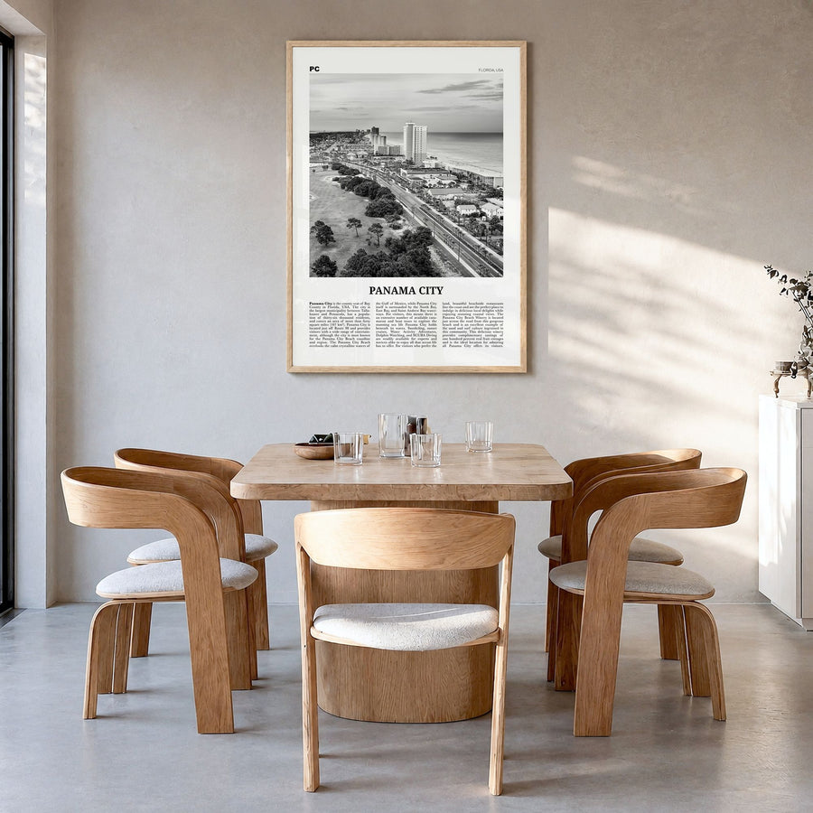 Panama City, Florida Newspaper Poster in a natural wood frame, hanging in a dining room