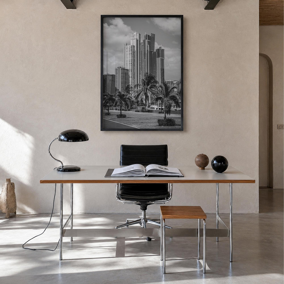 Panama City, Panama black & white photo poster of Panama – vertical wall art in black wood frame, hanging on wall
