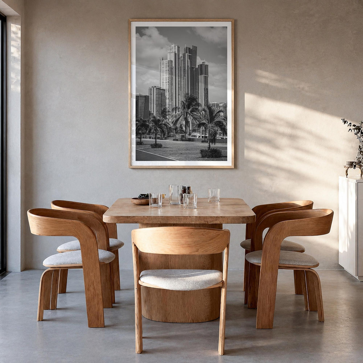 Panama City, Panama black & white photo poster of Panama – vertical wall art in natural wood frame with white border, hanging