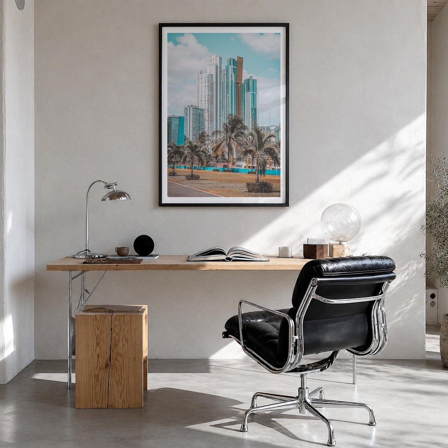 Panama City, Panama colorful photo poster of Panama – vertical wall art in black wood frame with white border, hanging on wal