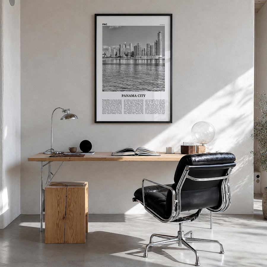 Panama City, Panama no. 1 black & white newspaper poster of Panama – vertical wall art in black wood frame, hanging on wall