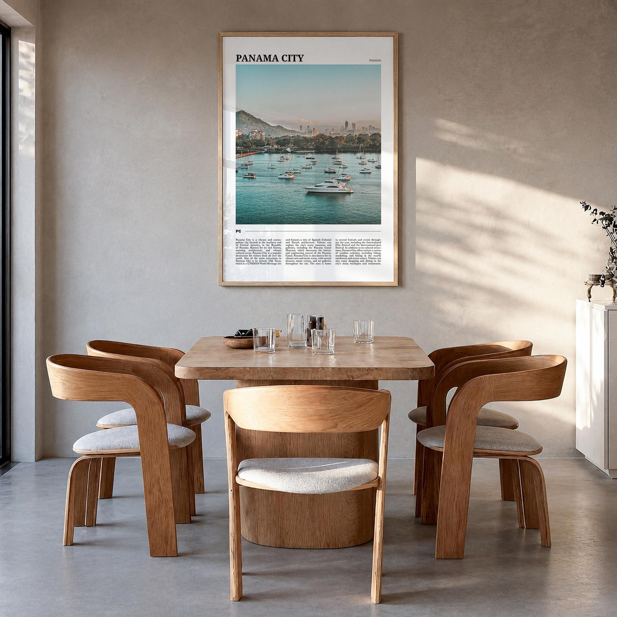 Panama City, Panama no. 1 colorful travel poster of Panama – vertical wall art in natural wood frame, hanging on wall