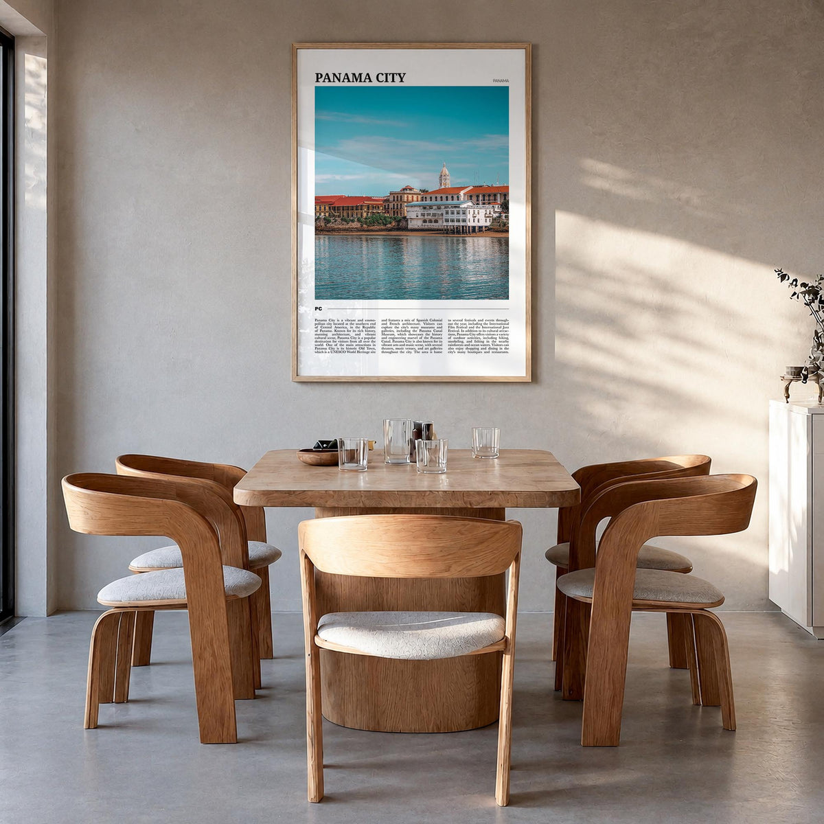 Panama City, Panama no. 2 colorful travel poster of Panama – vertical wall art in natural wood frame, hanging on wall