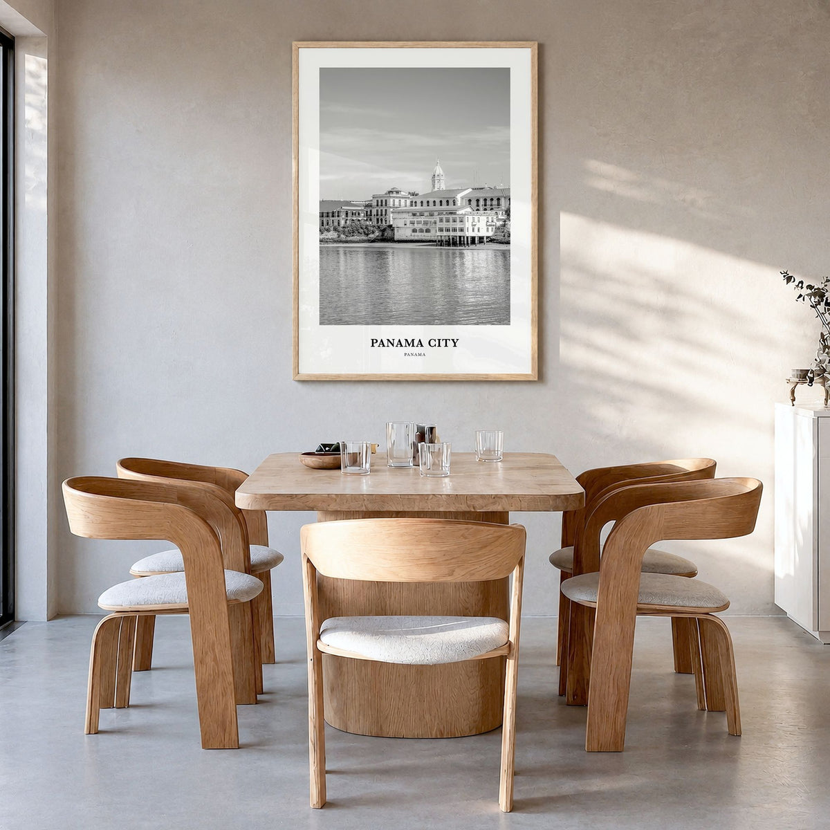 Panama City, Panama Classic No 1 Poster in a natural wood frame, hanging in a dining room