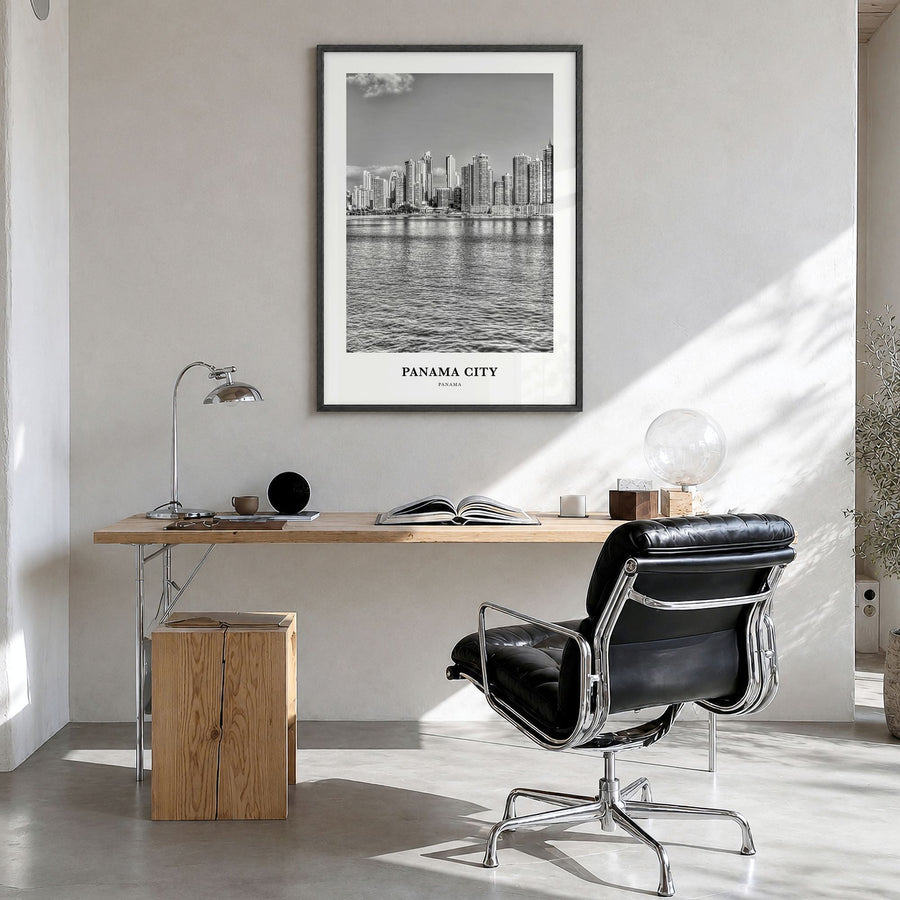 Panama City, Panama Classic No 2 Poster in a black wood frame, hanging in a bright home office