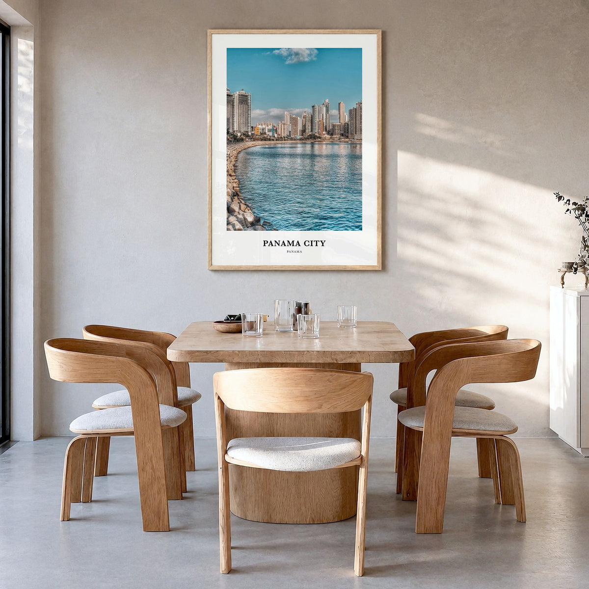 Panama City, Panama Classic No 3 Poster in a natural wood frame, hanging in a dining room