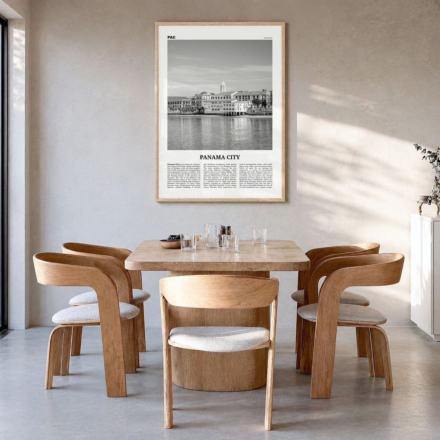 Panama City, Panama Newspaper No 2 Poster in a natural wood frame, hanging in a dining room