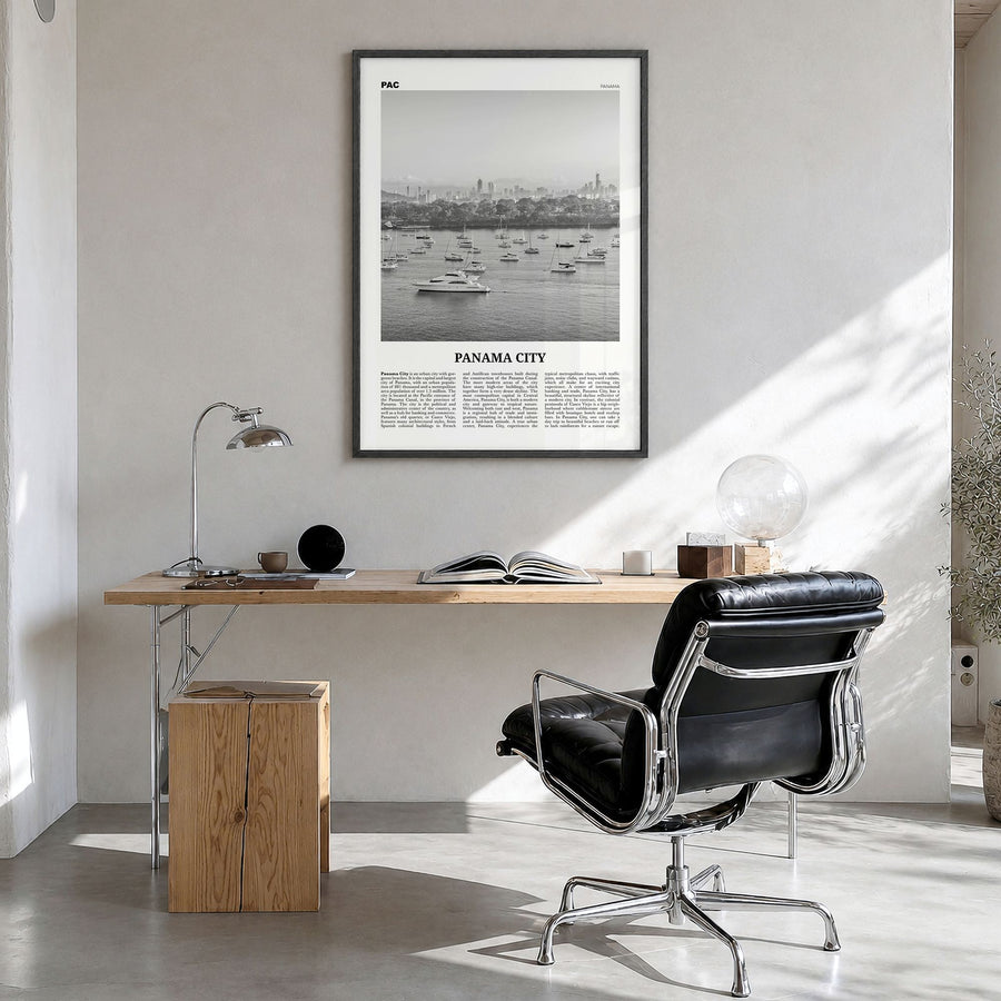 Panama City, Panama Newspaper No 3 Poster in a black wood frame, hanging in a bright home office