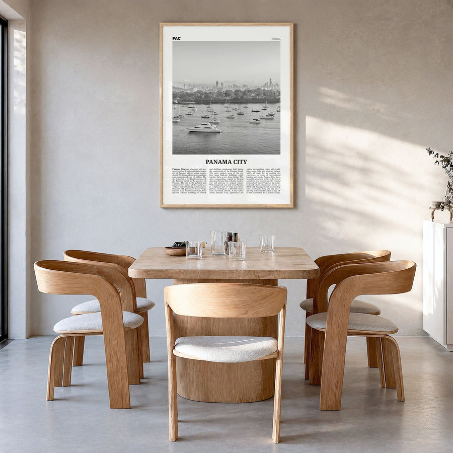 Panama City, Panama Newspaper No 3 Poster in a natural wood frame, hanging in a dining room