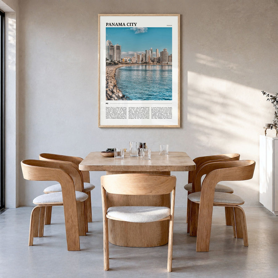 Panama City, Panama Travel No 3 Poster in a natural wood frame, hanging in a dining room