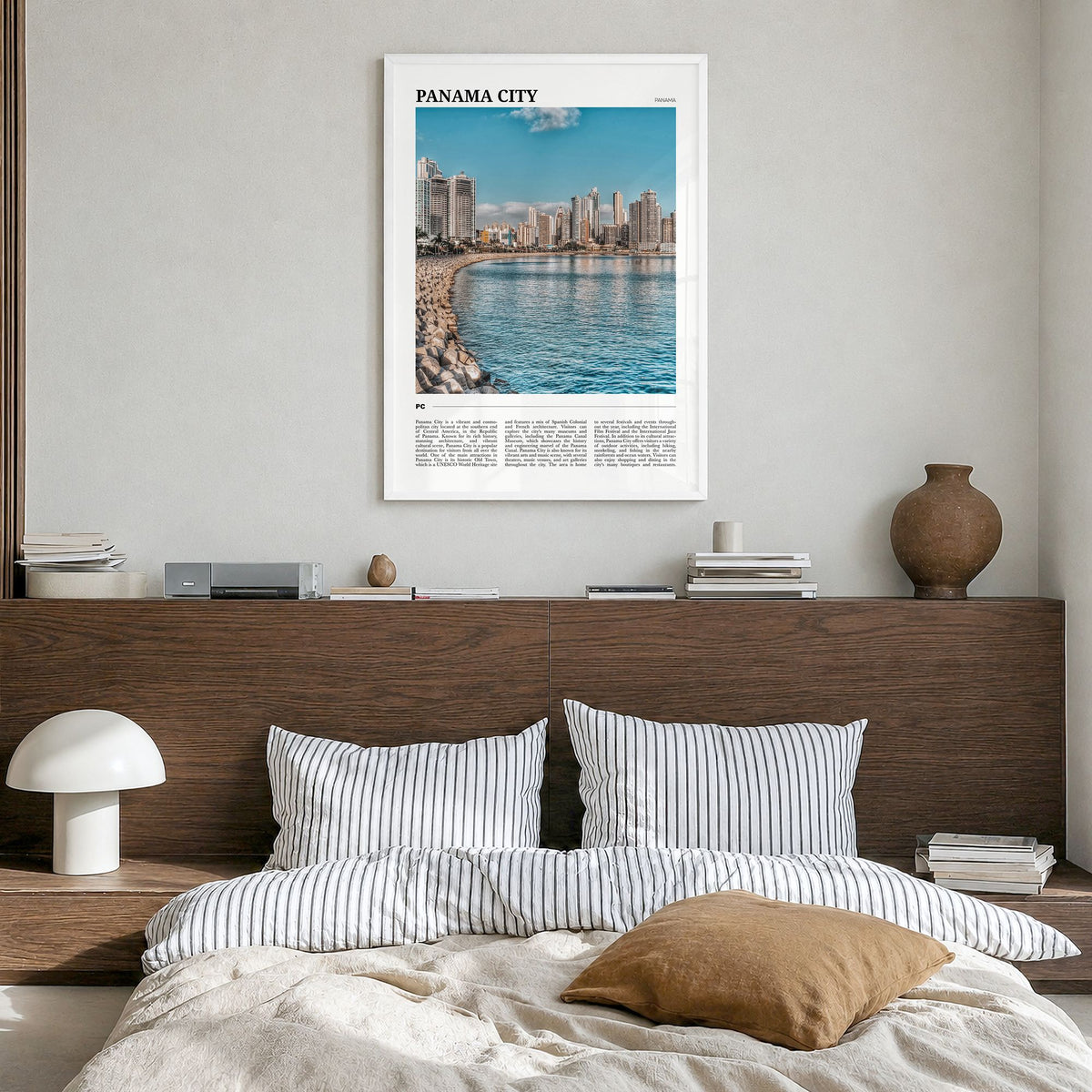 Panama City, Panama Travel No 3 Poster in a white wood frame, hanging in a bedroom