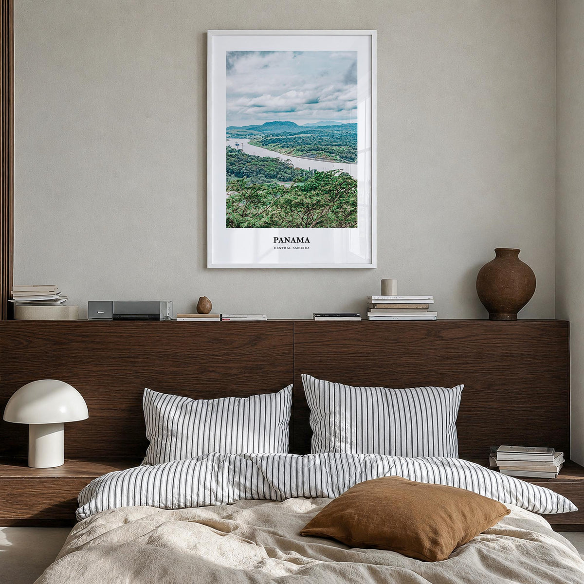 Panama colorful classic poster of Central America – vertical wall art in white wood frame, hanging on wall
