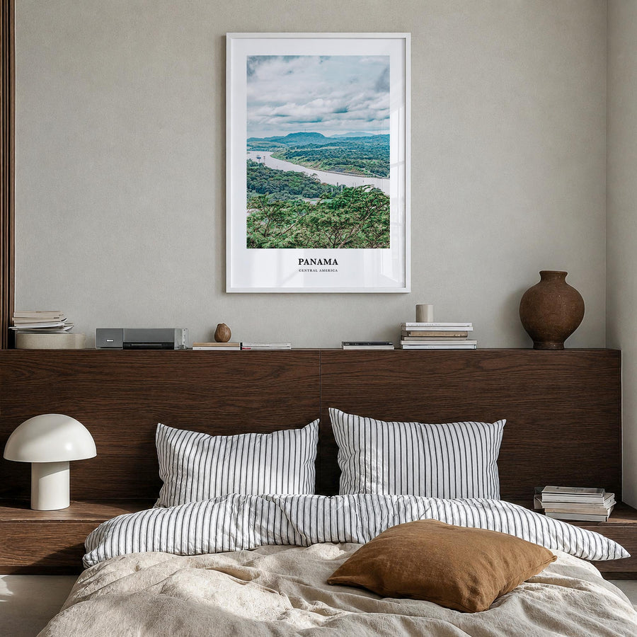Panama colorful classic poster of Central America – vertical wall art in white wood frame, hanging on wall