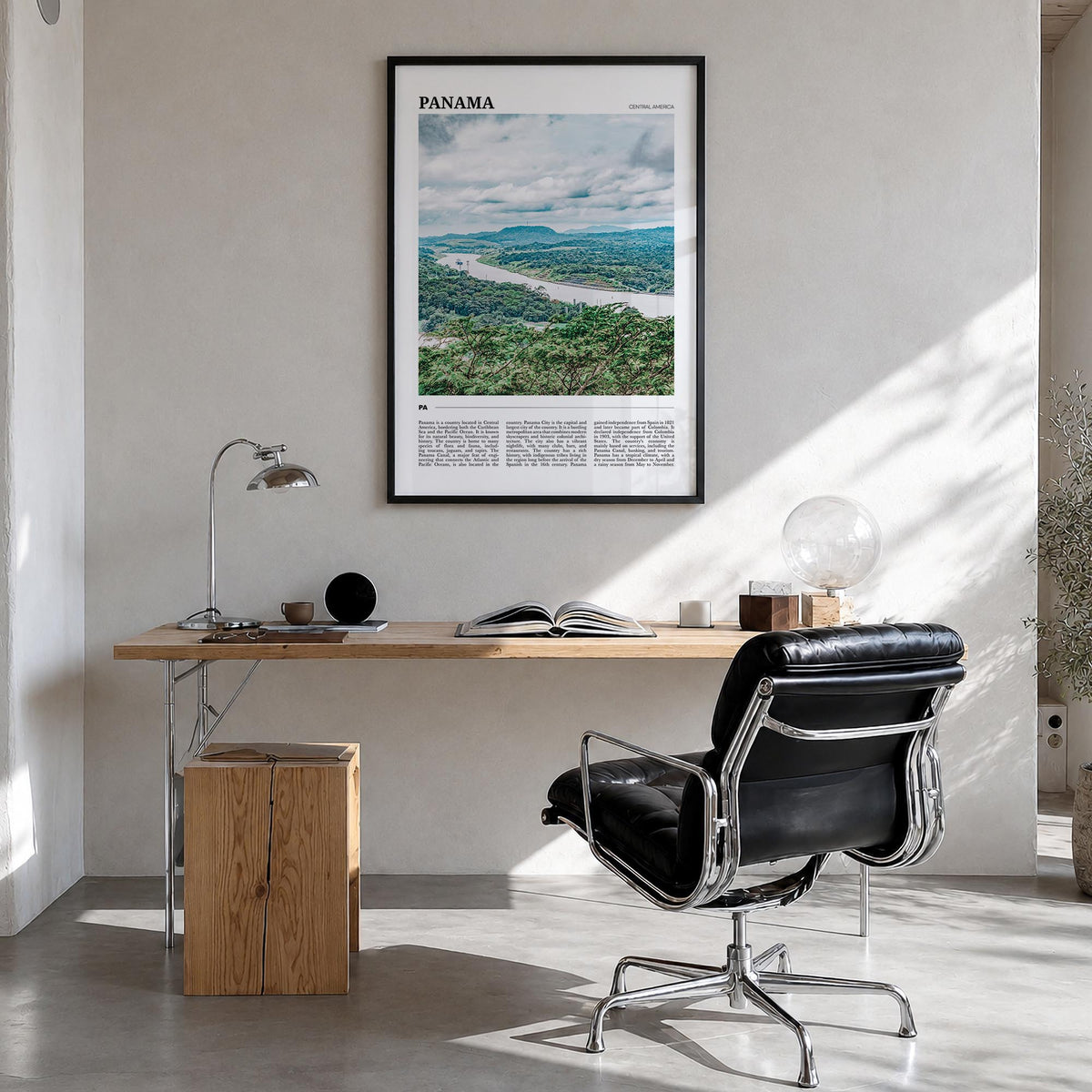 Panama colorful travel poster of Central America – vertical wall art in black wood frame, hanging on wall