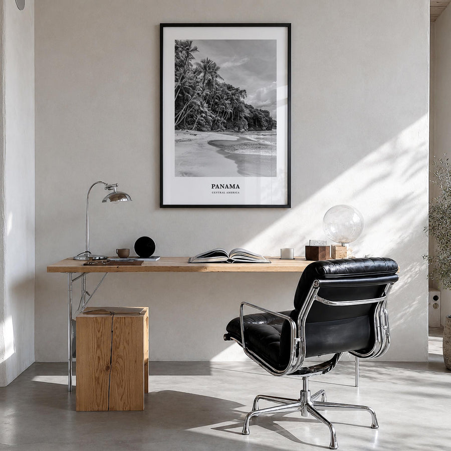 Panama no. 1 black & white classic poster of Central America – vertical wall art in black wood frame, hanging on wall