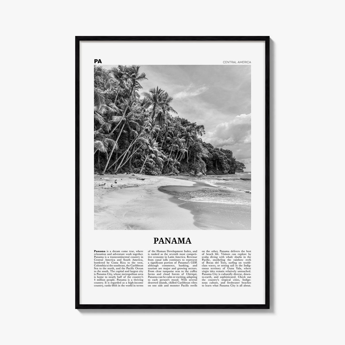 Panama no. 1 black & white newspaper poster of Central America – vertical wall art, unframed print shown in interior mockup