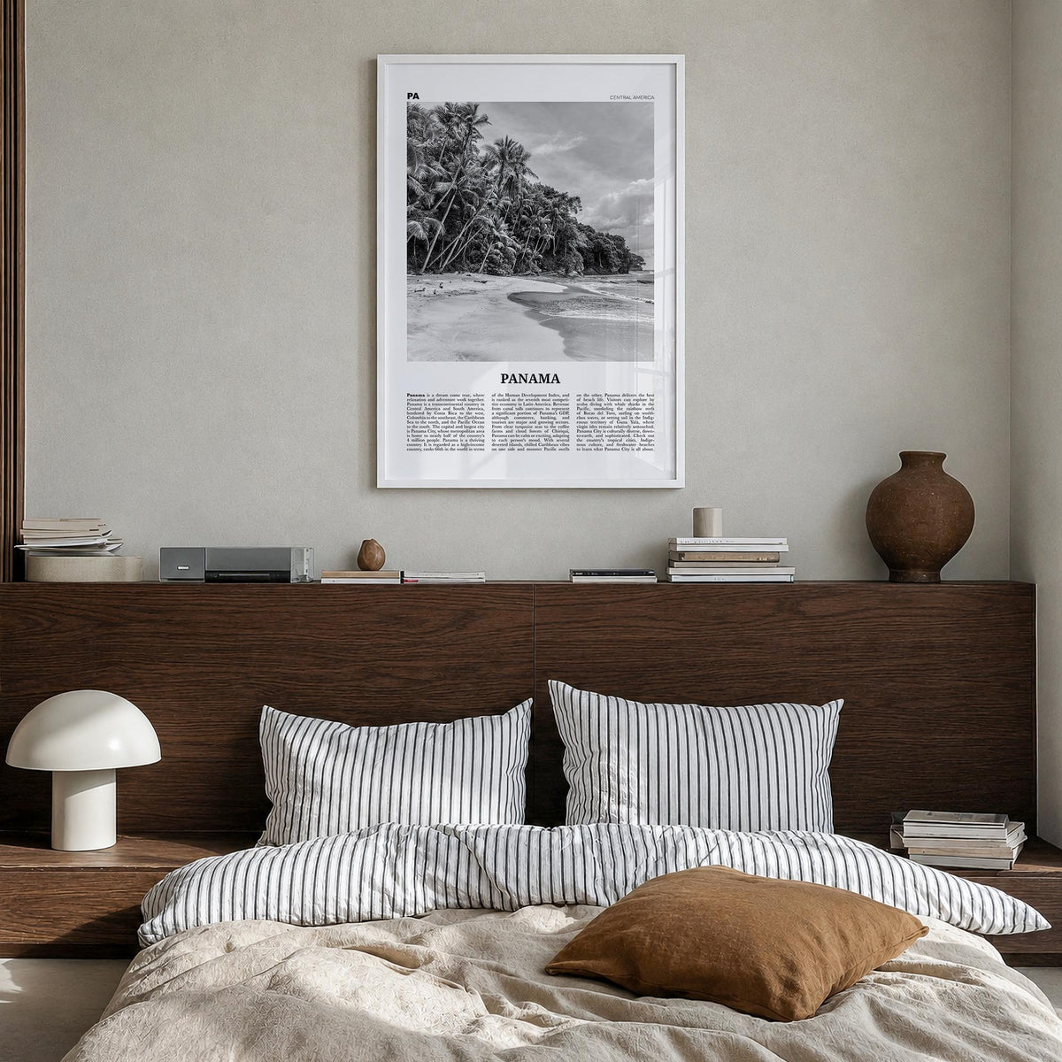 Panama no. 1 black & white newspaper poster of Central America – vertical wall art in white wood frame, hanging on wall