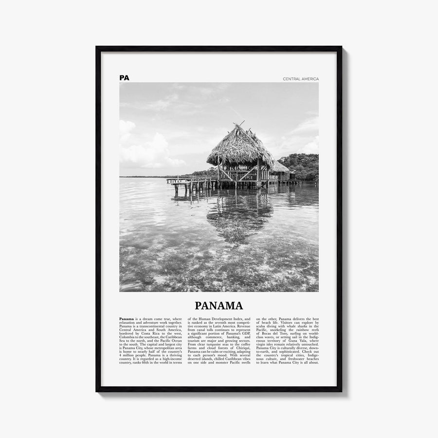 Panama no. 2 black & white newspaper poster of Central America – vertical wall art, unframed print shown in interior mockup