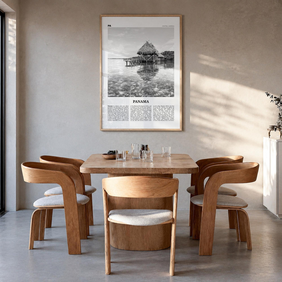 Panama no. 2 black & white newspaper poster of Central America – vertical wall art in natural wood frame, hanging on wall