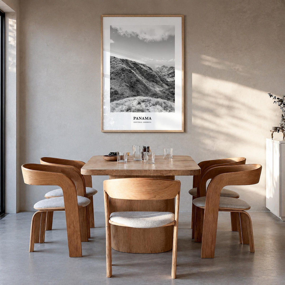 Panama no. 4 black & white classic poster of Central America – vertical wall art in natural wood frame, hanging on wall