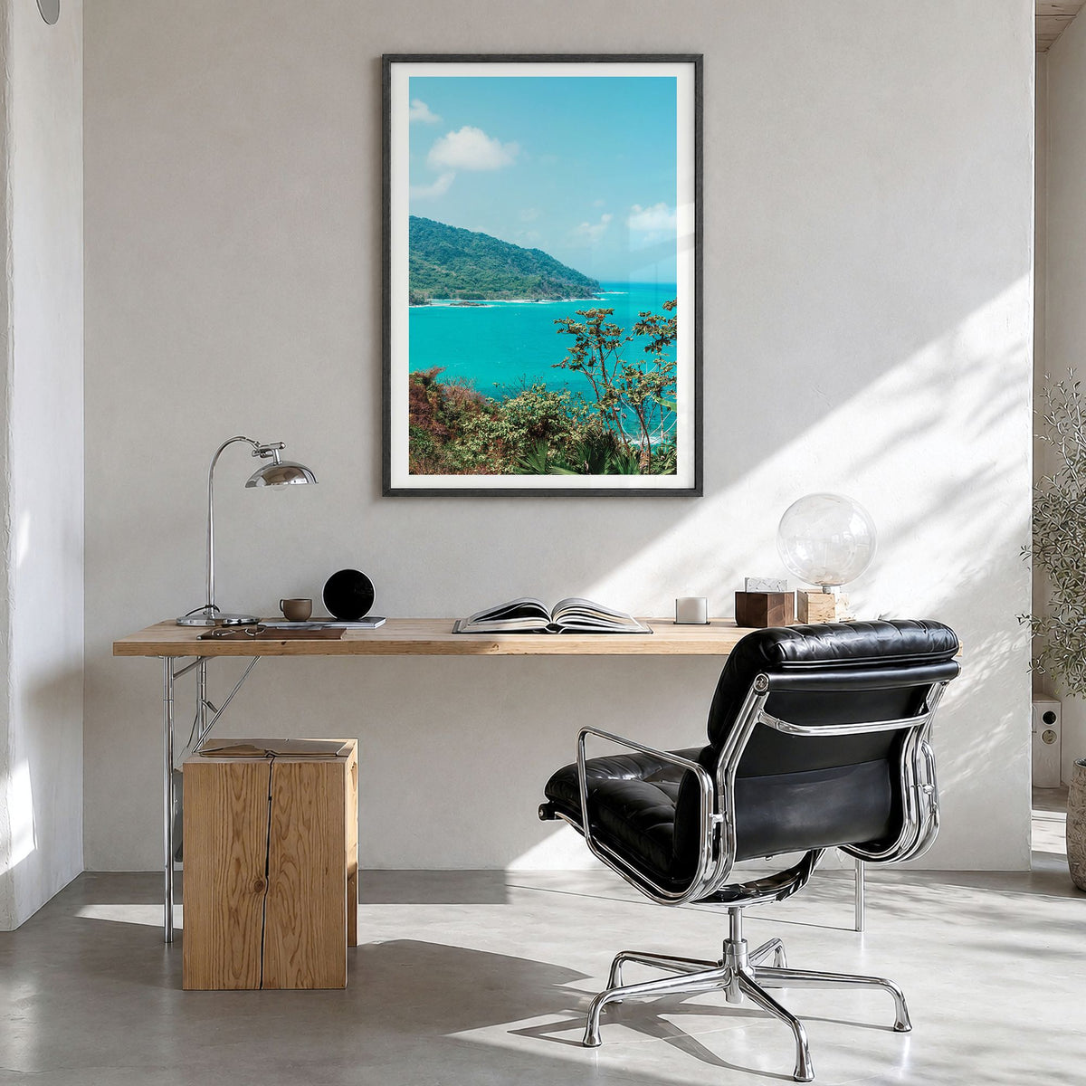 Panama Photo Poster in a black wood frame, hanging in a bright home office, white border