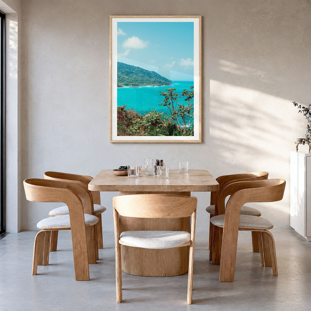 Panama Photo Poster in a natural wood frame, hanging in a dining room, white border