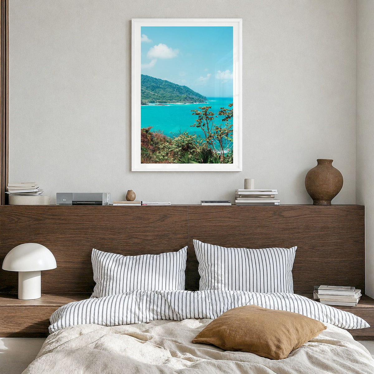 Panama Photo Poster in a white wood frame, hanging in a bedroom, white border