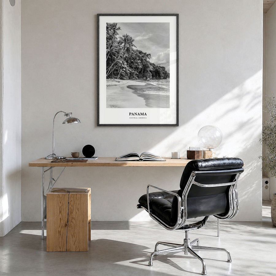 Panama Classic No 1 Poster in a black wood frame, hanging in a bright home office