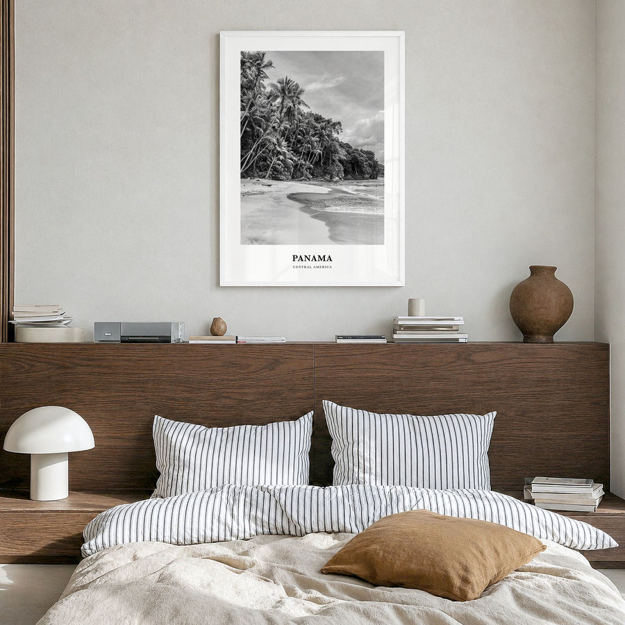 Panama Classic No 1 Poster in a white wood frame, hanging in a bedroom