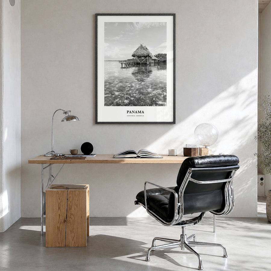 Panama Classic No 2 Poster in a black wood frame, hanging in a bright home office