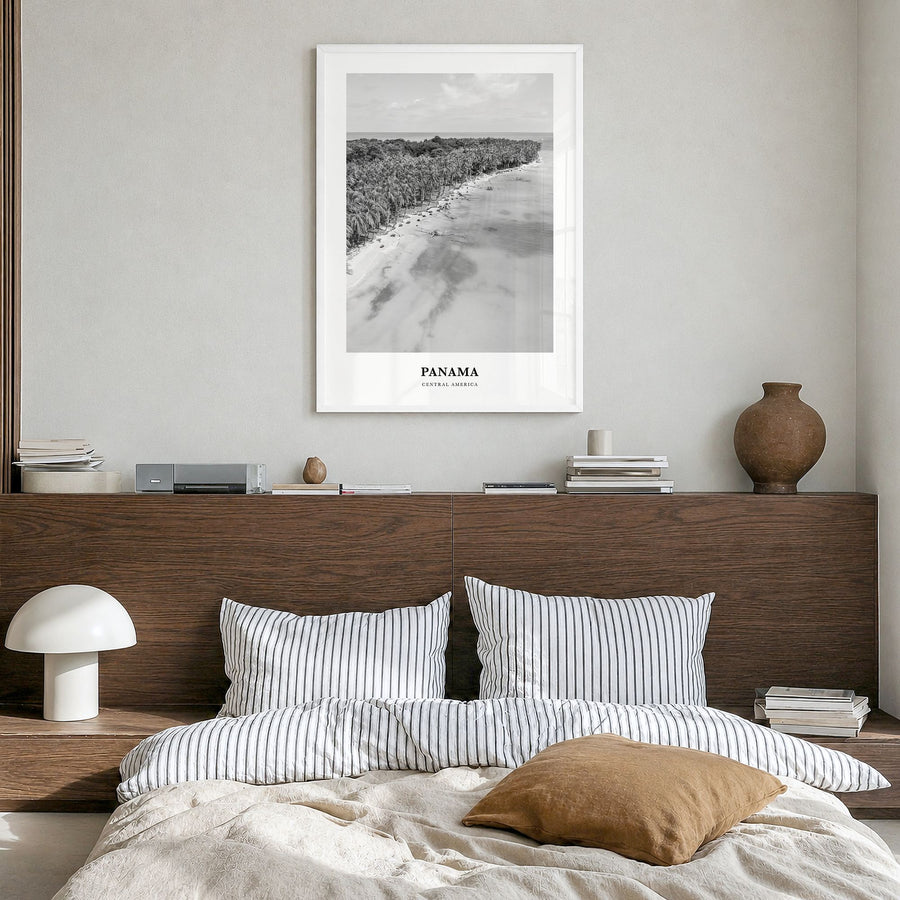 Panama Classic No 5 Poster in a white wood frame, hanging in a bedroom