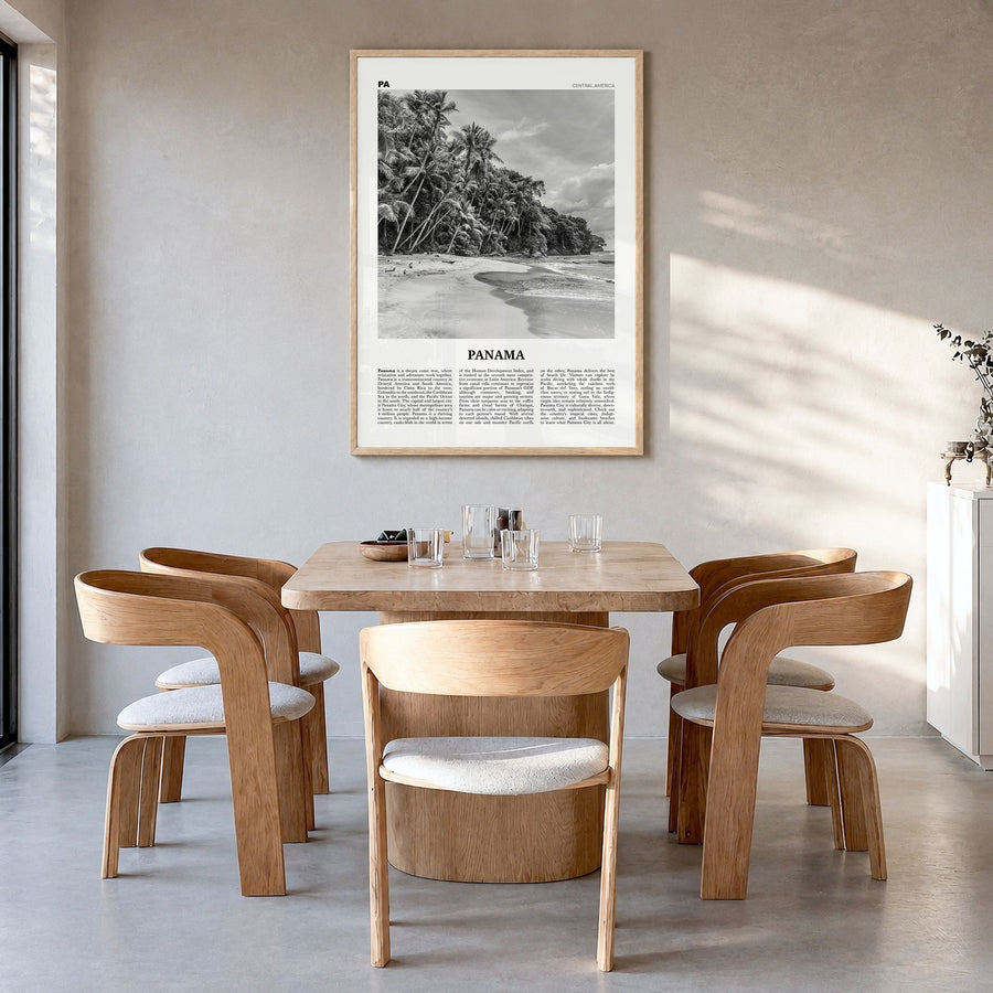 Panama Newspaper No 1 Poster in a natural wood frame, hanging in a dining room