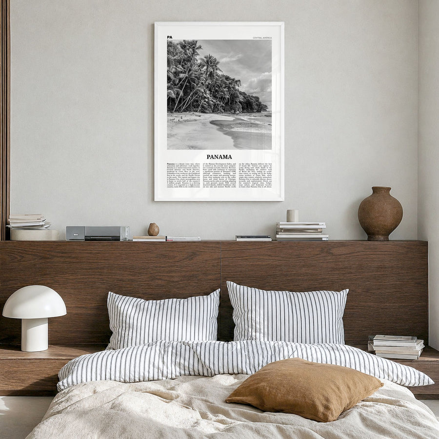 Panama Newspaper No 1 Poster in a white wood frame, hanging in a bedroom