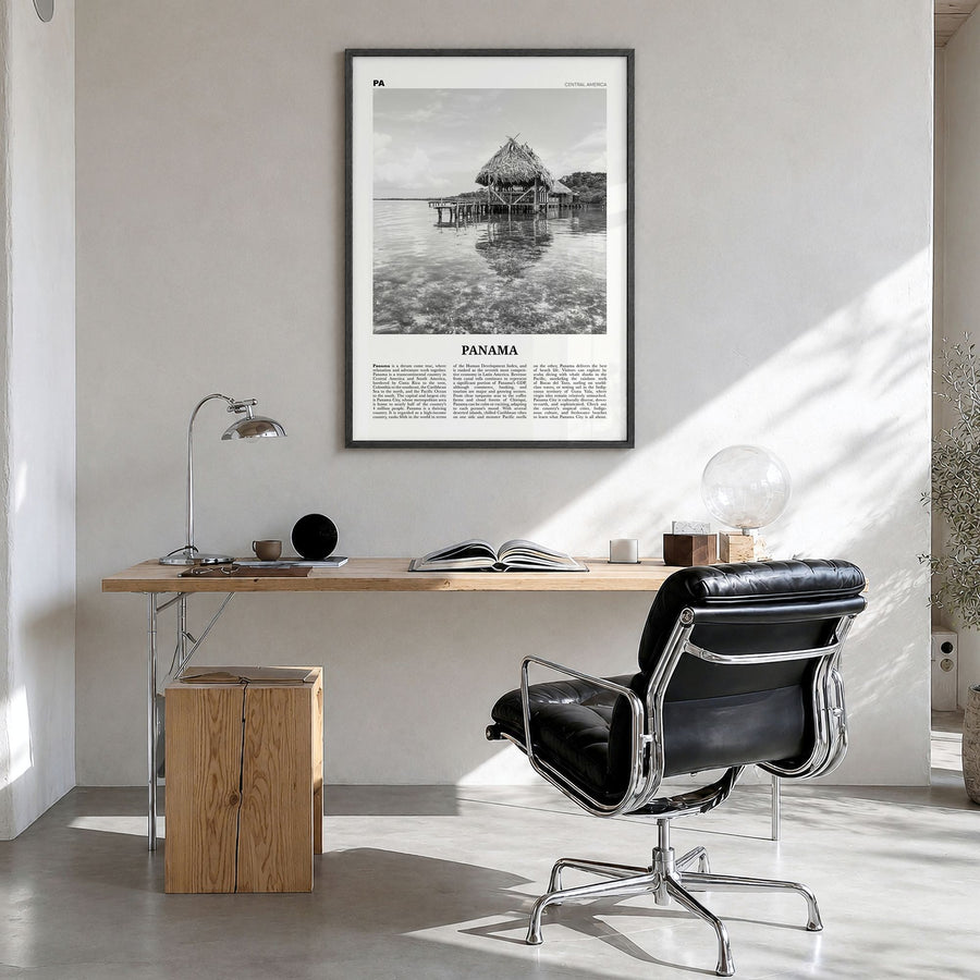 Panama Newspaper No 2 Poster in a black wood frame, hanging in a bright home office