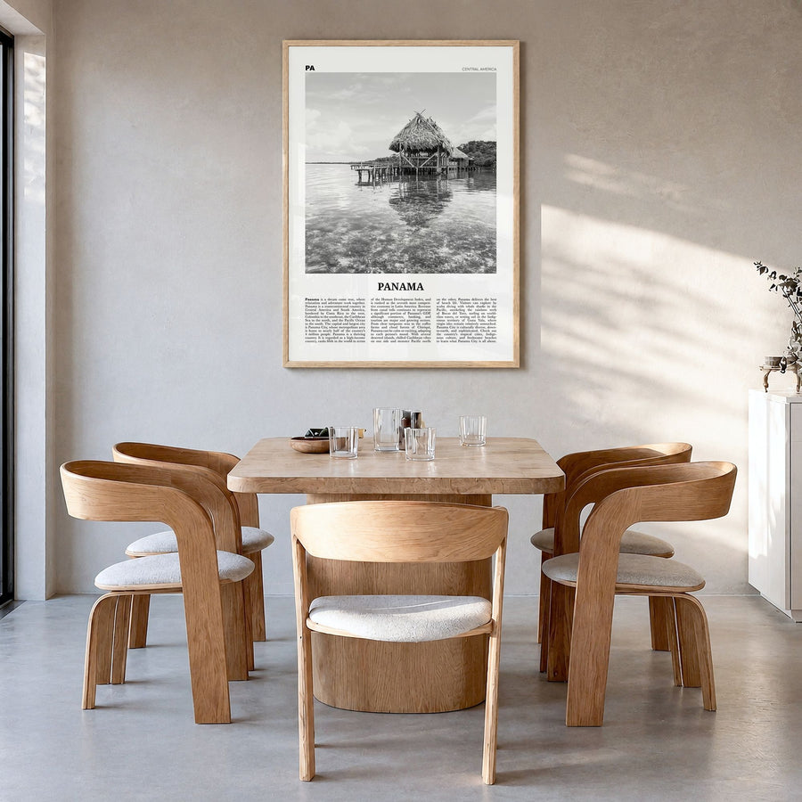 Panama Newspaper No 2 Poster in a natural wood frame, hanging in a dining room