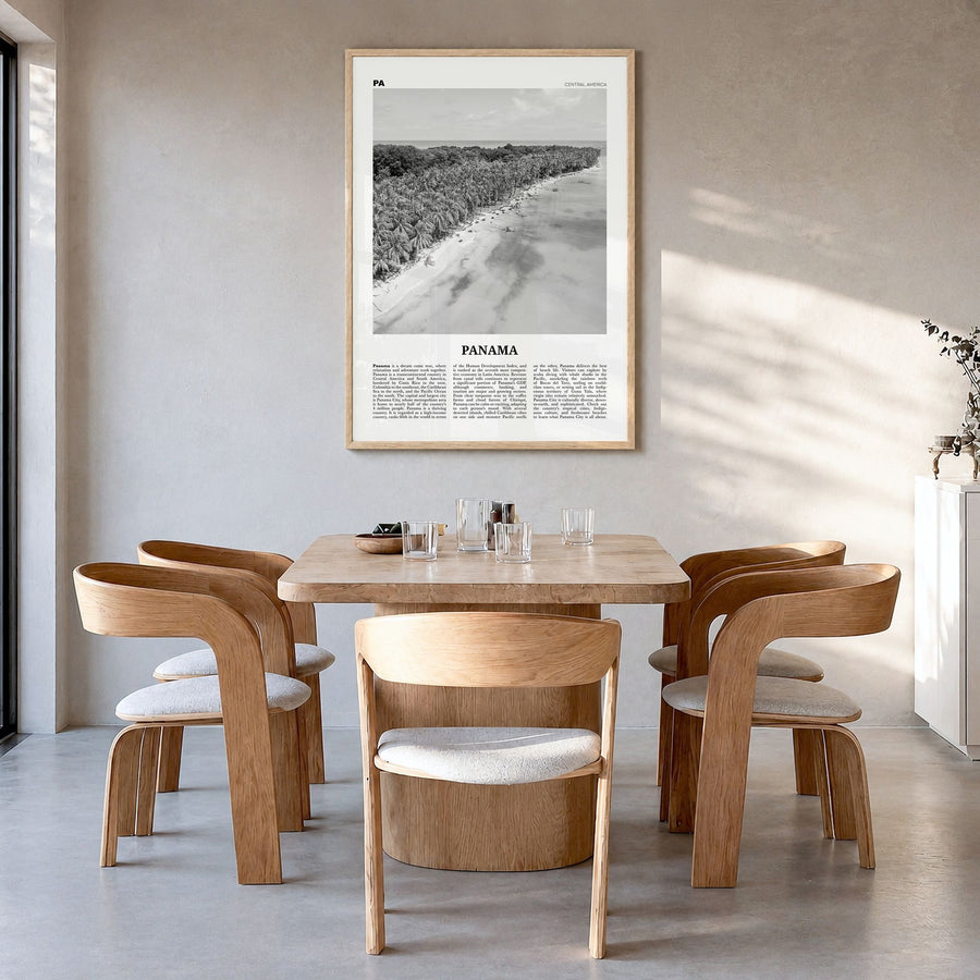 Panama Newspaper No 3 Poster in a natural wood frame, hanging in a dining room