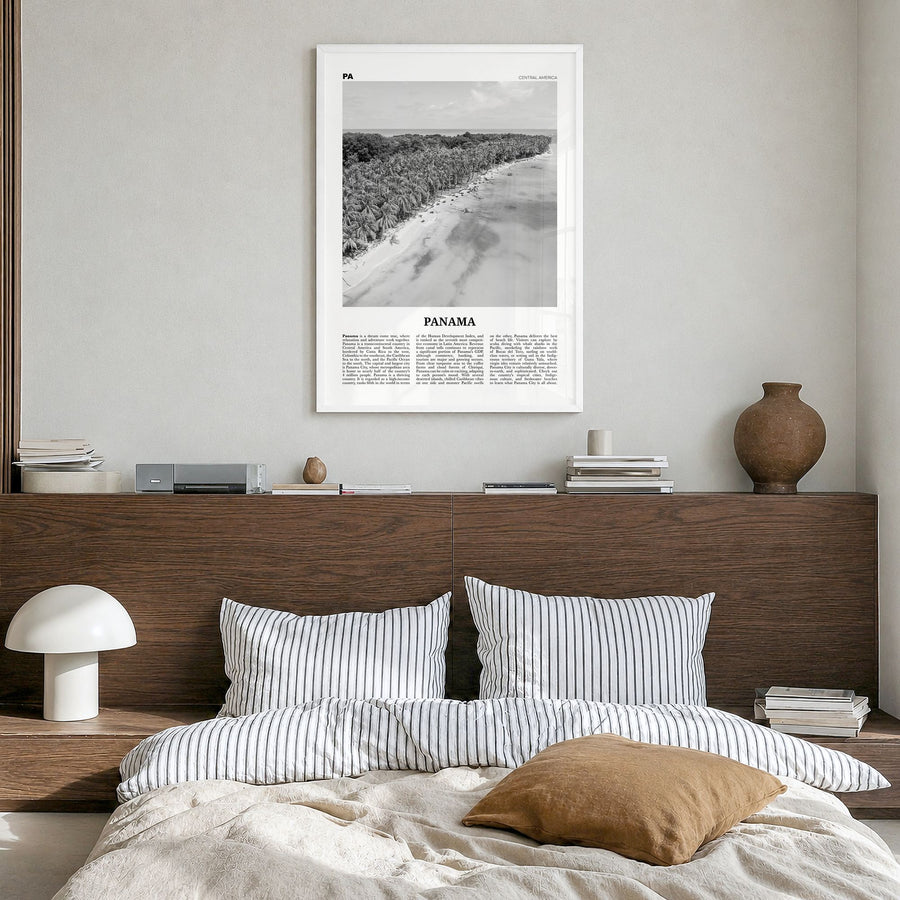 Panama Newspaper No 3 Poster in a white wood frame, hanging in a bedroom