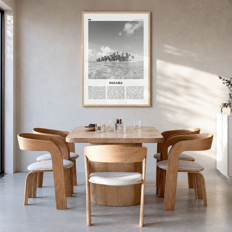 Panama Newspaper No 4 Poster in a natural wood frame, hanging in a dining room