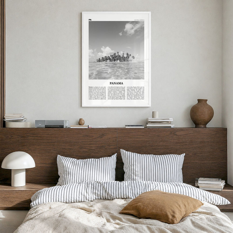 Panama Newspaper No 4 Poster in a white wood frame, hanging in a bedroom