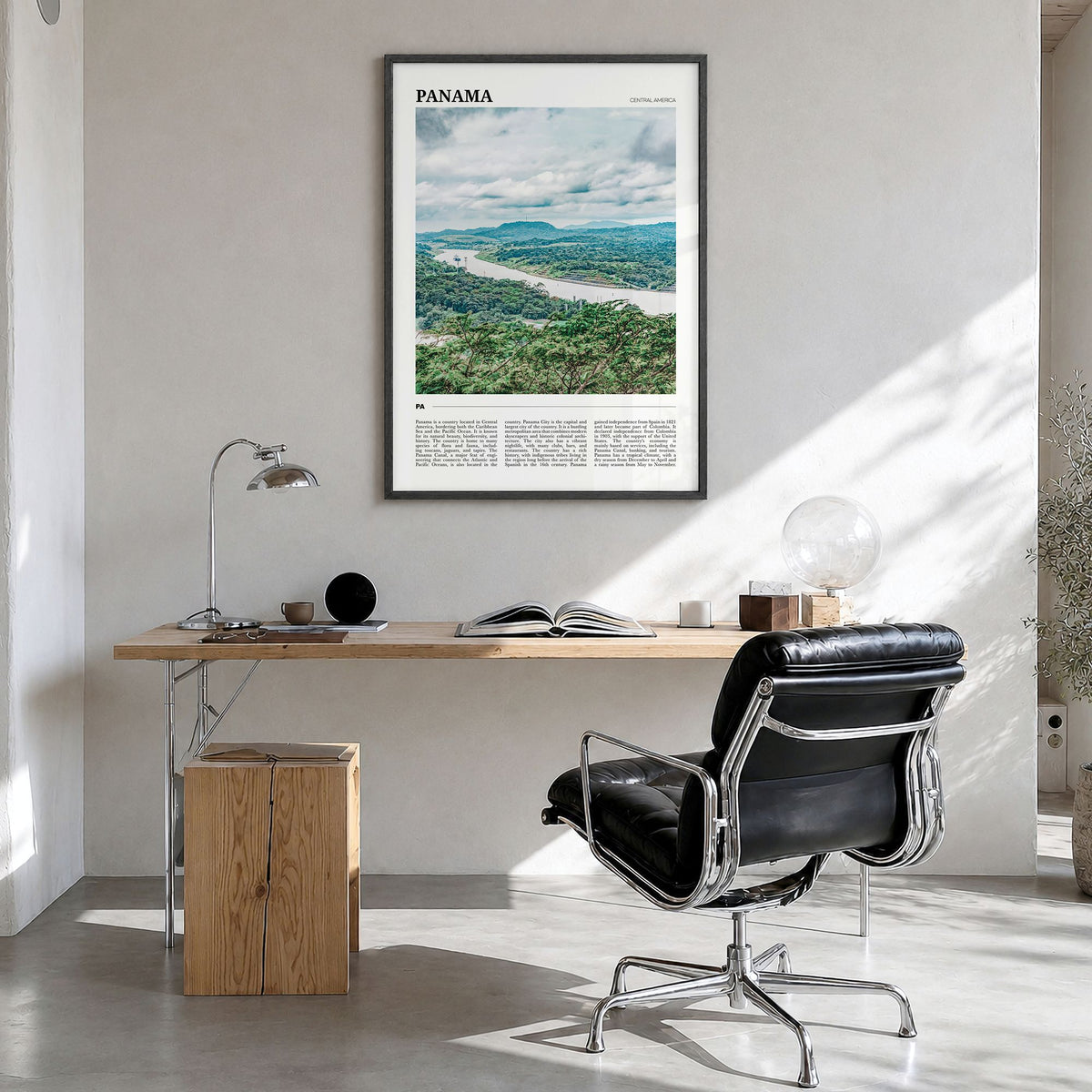 Panama Travel Poster in a black wood frame, hanging in a bright home office
