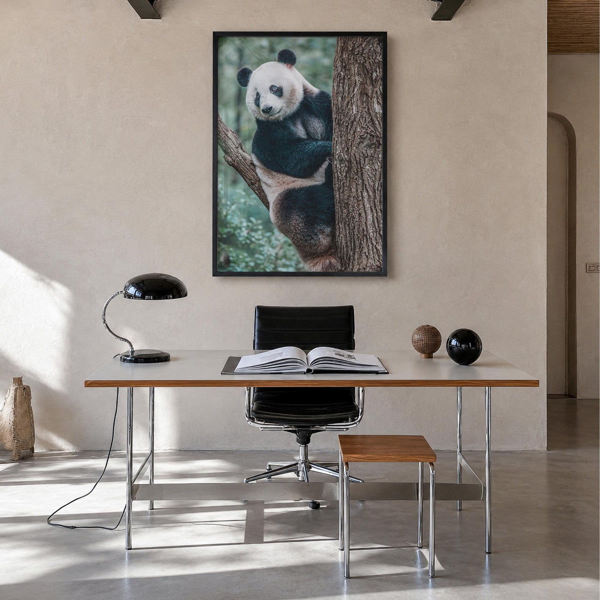 Panda Bear colorful photo poster – vertical wall art in black wood frame, hanging on wall